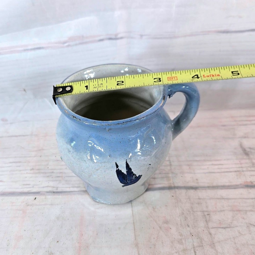 Vintage Blue White Ceramic Mug Small Pitcher Bird Design Handle