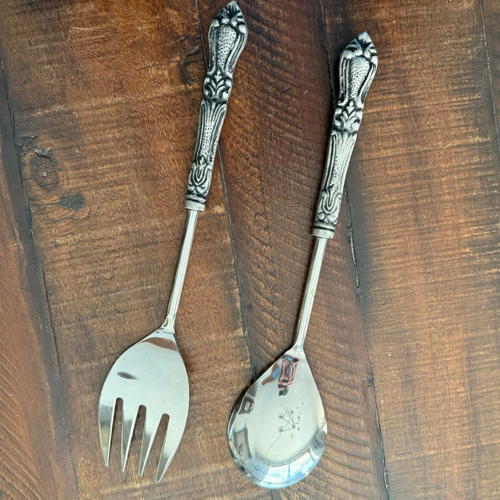 Salad Server Set Spoon and Fork Decorative Handles Victorian Gothic Revival
