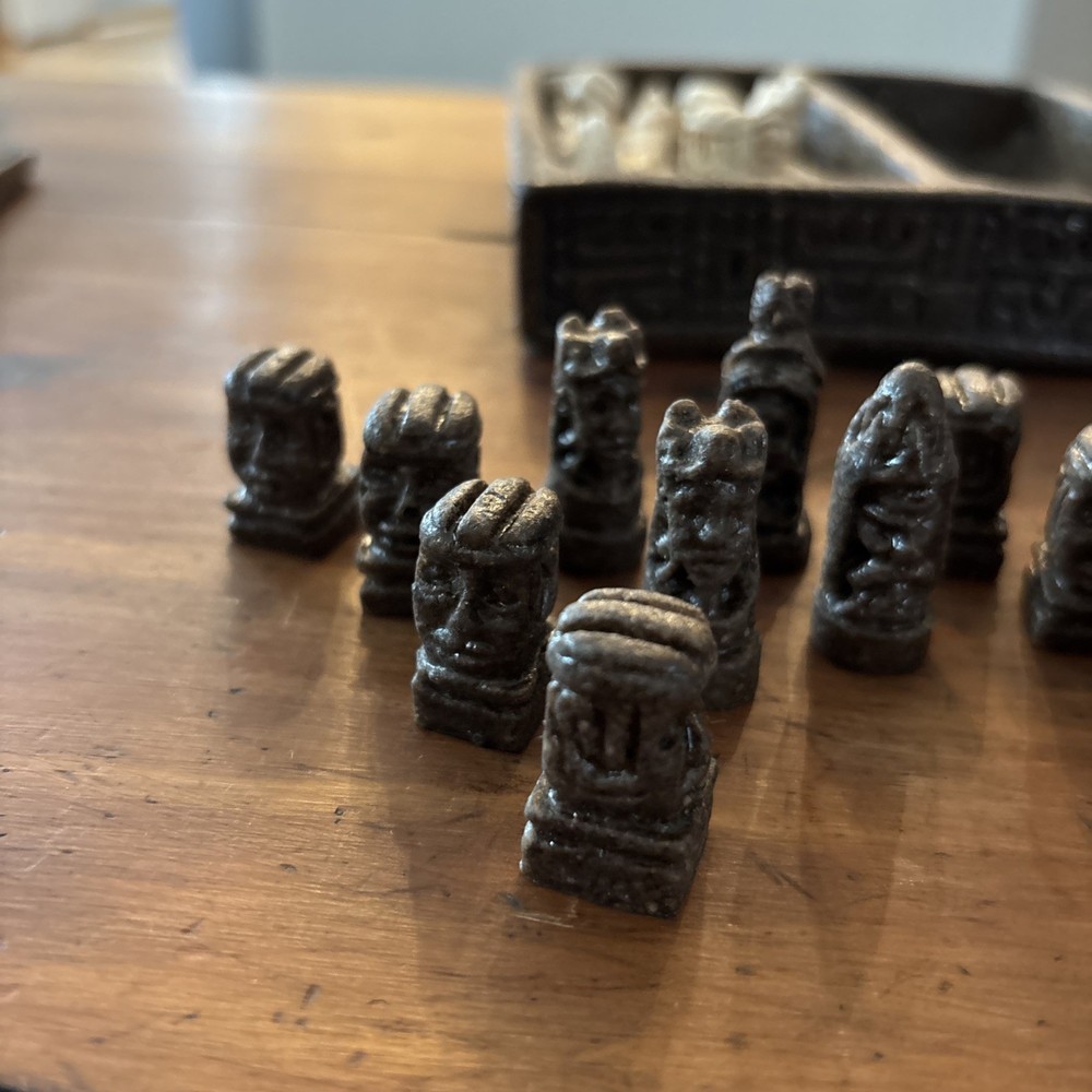 Vintage Mini Mayan Aztec Chess Set Complete Brown & Cream