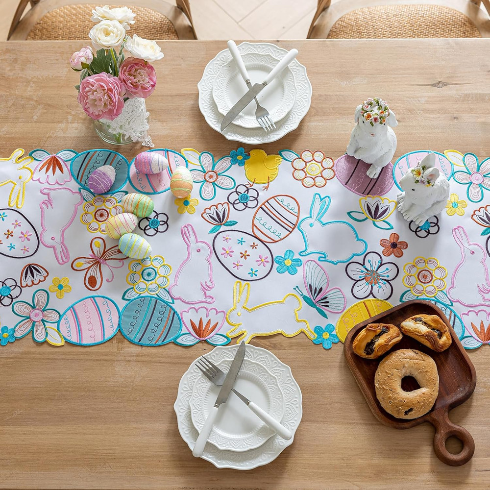 Easter Bunny Eggs Table Runner, Spring Flowers Butterfly Table Runners, Cutwork