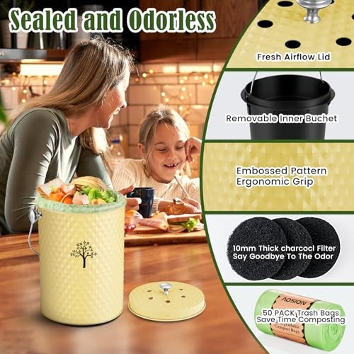 Countertop Compost Bin Kitchen,Odor Resistant Indoor Compost Bin with Yellow