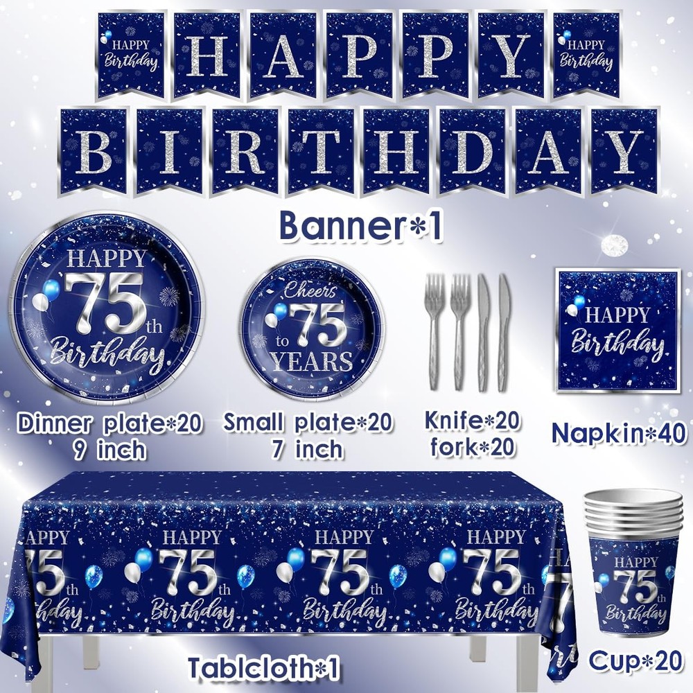 142 Pcs 75th Birthday Tableware Set Decorations Sliver and Blue