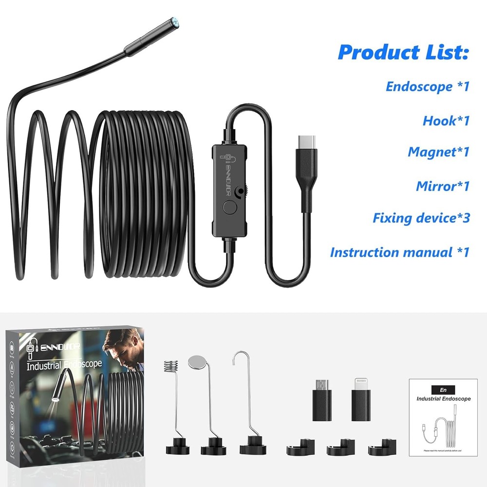 5M Endoscope Camera with Light, 1920P HD Borescope Camera for iOS and Android