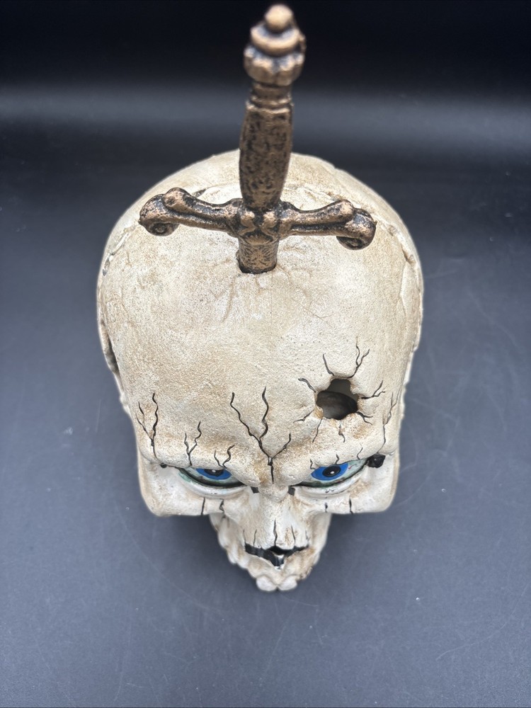 Cast Iron Mechanical Skull w/Dagger Gothic Eyes Open Close