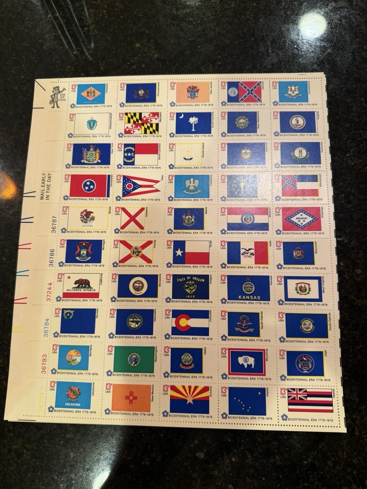 US State Flags 13 Cent Stamp Sheet Mint Never Hinged Multi-Color