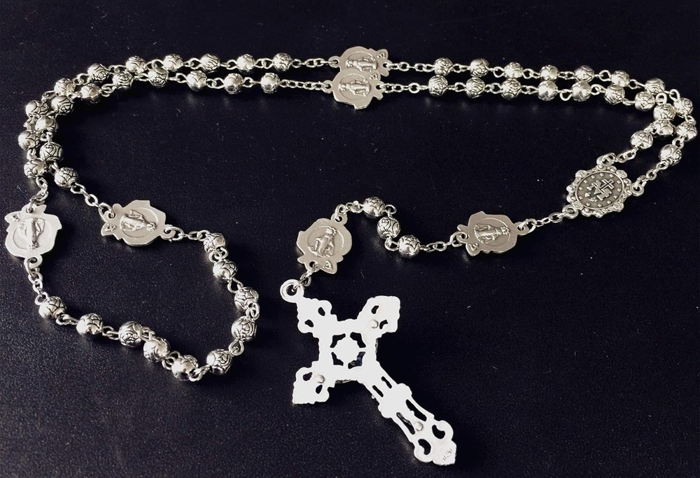 HANDMADE 925 Silver Rose Beads Catholic 5-Decade Rosary w Cross Gift Box Italy