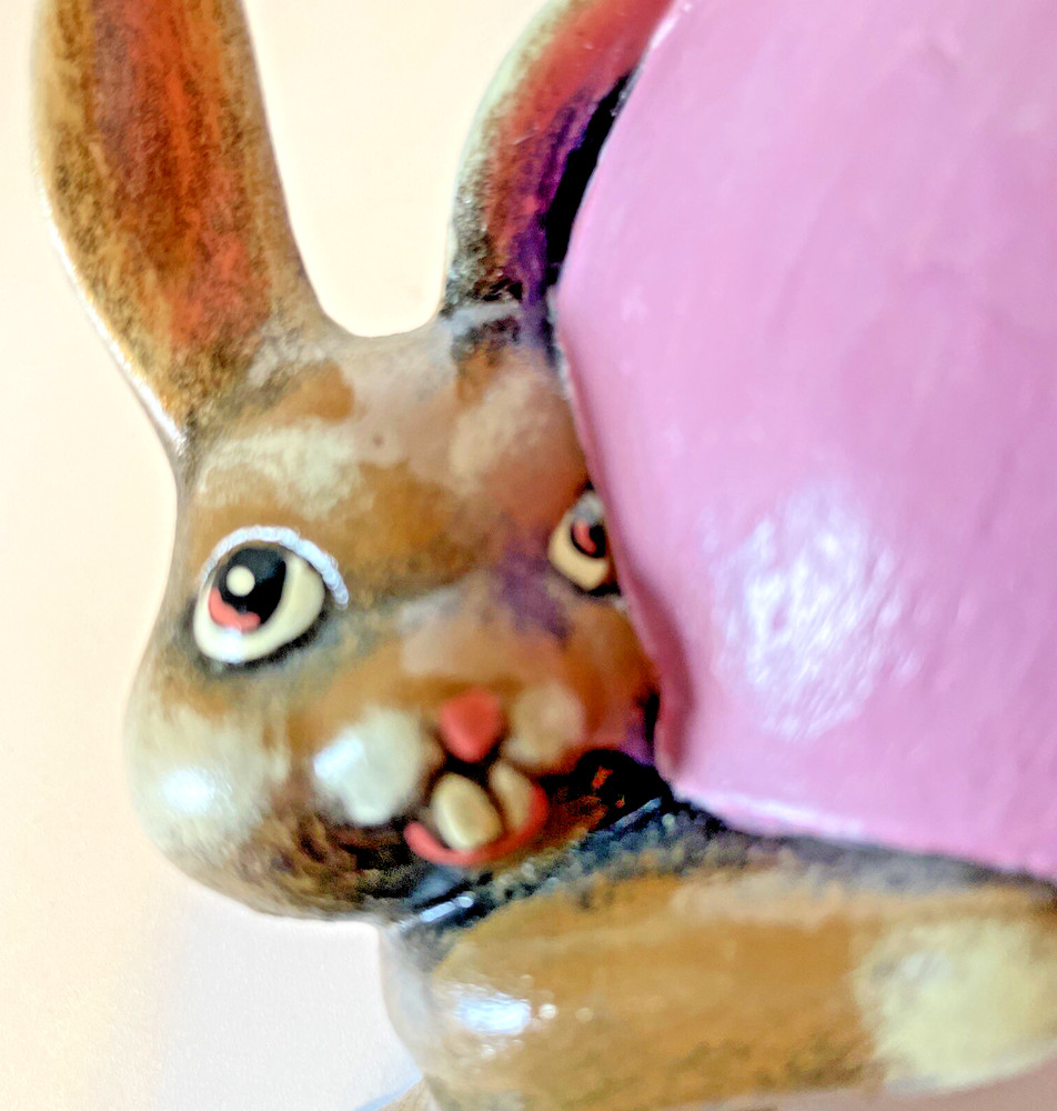 Easter Bunny Holding Fillable “Cracked” Egg Ceramic Figurine