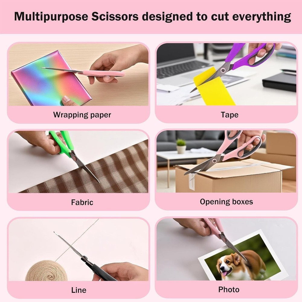 Scissors, 8" Scissors All Purpose 6 Pack - Comfort-Grip Sharp Scissor for Off...