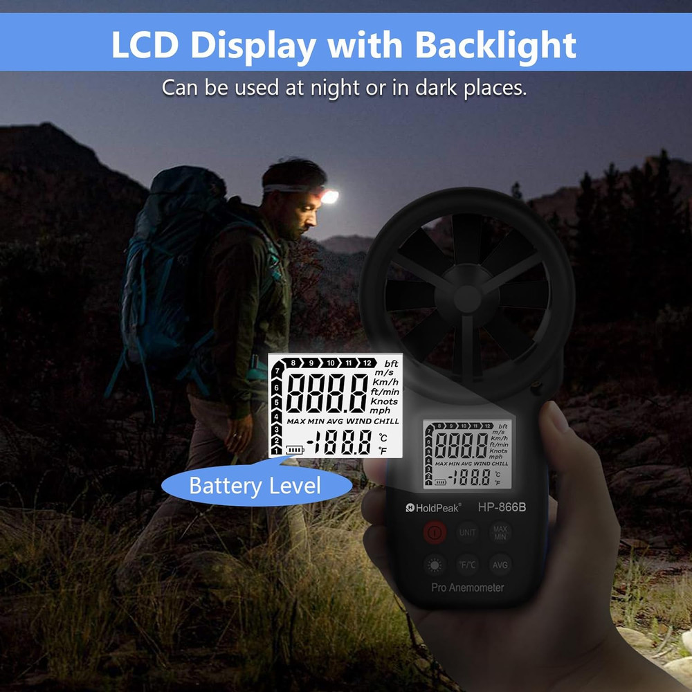 Holdpeak 866B Digital Anemometer Handheld Wind Speed Meter for Measuring Wind