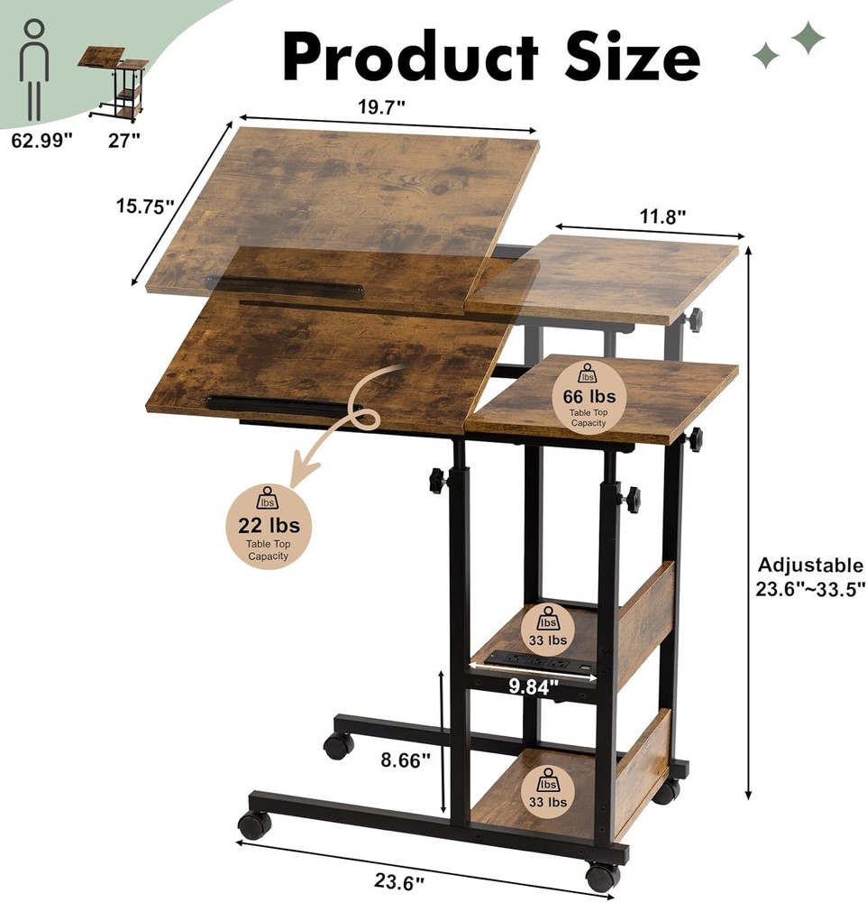 Adjustable C Table W/ Charging Station Tiltable Desk C Shaped End Table Couch