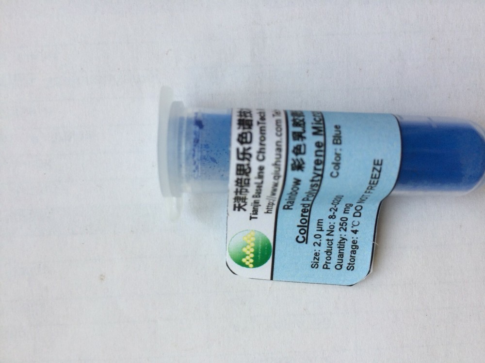 Blue Colored Monodisperse Polystyrene Microspheres Size 1, 2, 5, 10, 15 um
