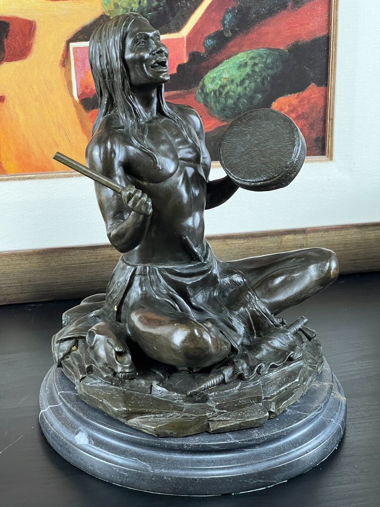 Bronze Seated Native American Drummer on Marble