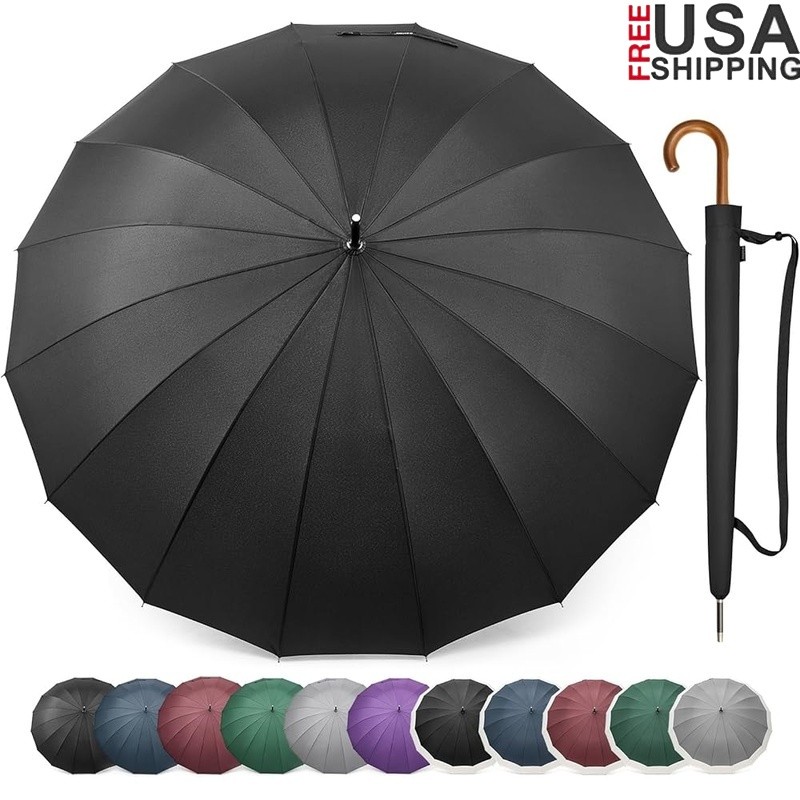 Windproof Golf Umbrella 16 Ribs Auto Open Wooden Handle Large Rain Protection US