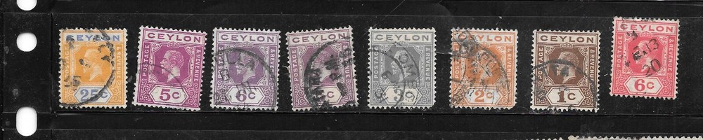 CEYLON GEORGE V TYPF  DEFINITIVES USED 1912-33 8 DIFFERENT VF OLD STAMPS