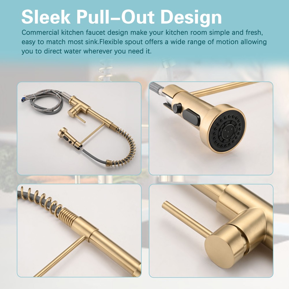 RENIST Brushed Gold Pull Down Single Handle Spring Kitchen Sink Faucet