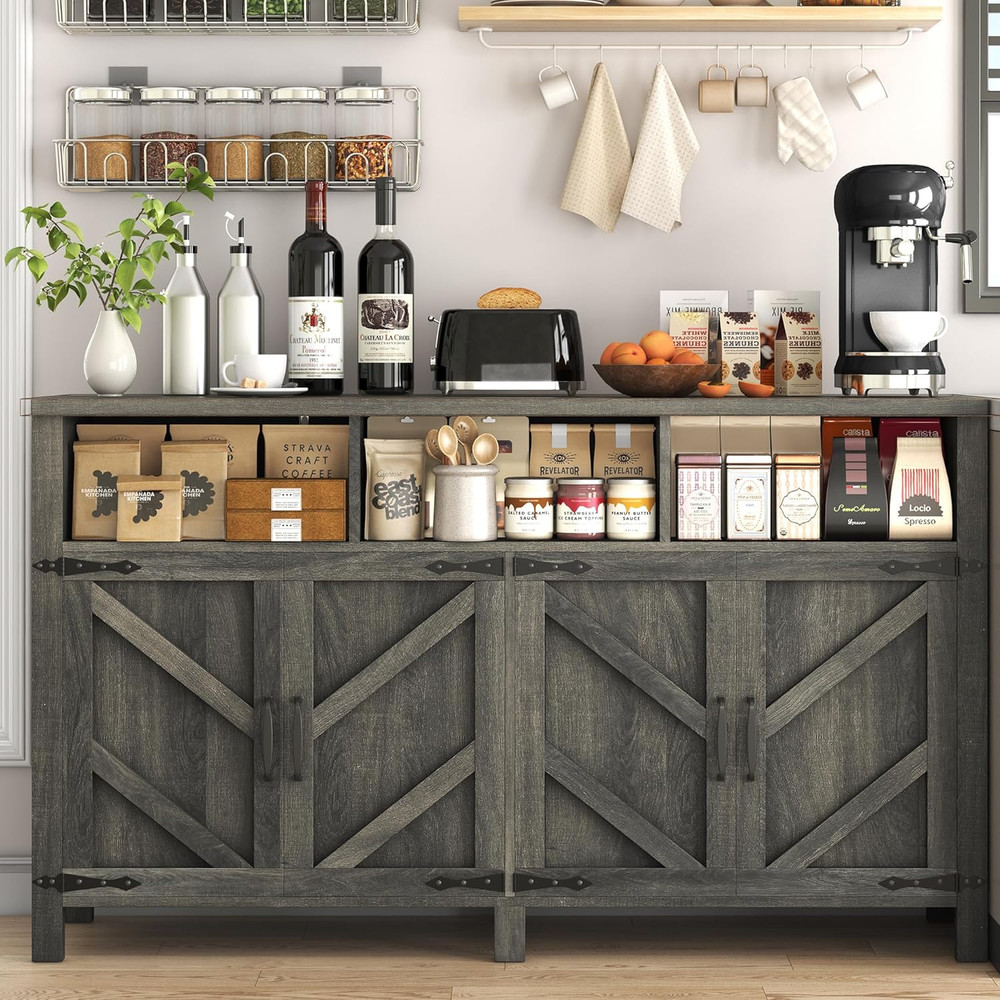 Buffet Sideboard with Storage Farmhouse with 4 Doors, 55'' Large Kitchen Storage