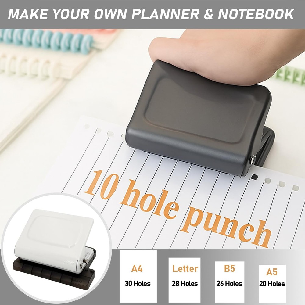 10-Hole Punch Binding Machine for Planner (White) - Manual Punch with 10 Mult...