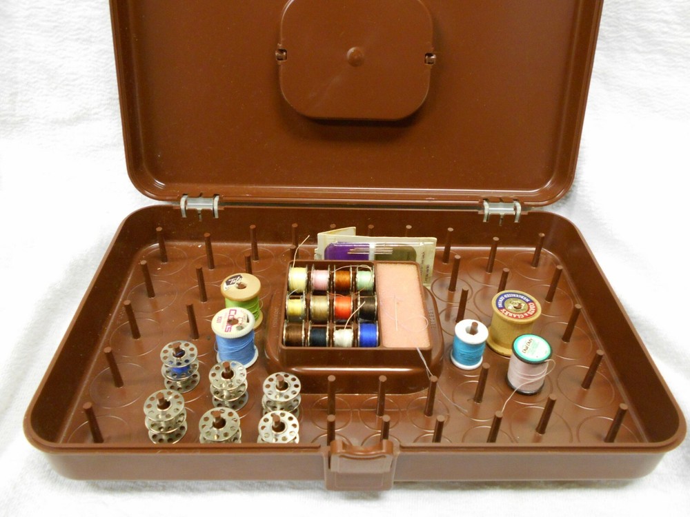 Vintage Wilson Will-Hold Spool and Bobbin Case - Brown With Spools and Bobbins!
