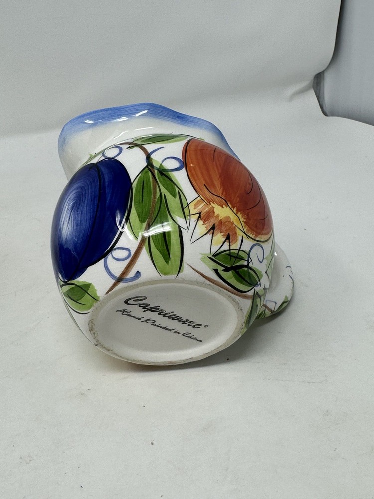 capriware Covered Sugar Bowl & Creamer Fruit Design w/ Cobalt Blue Trim EUC HTF