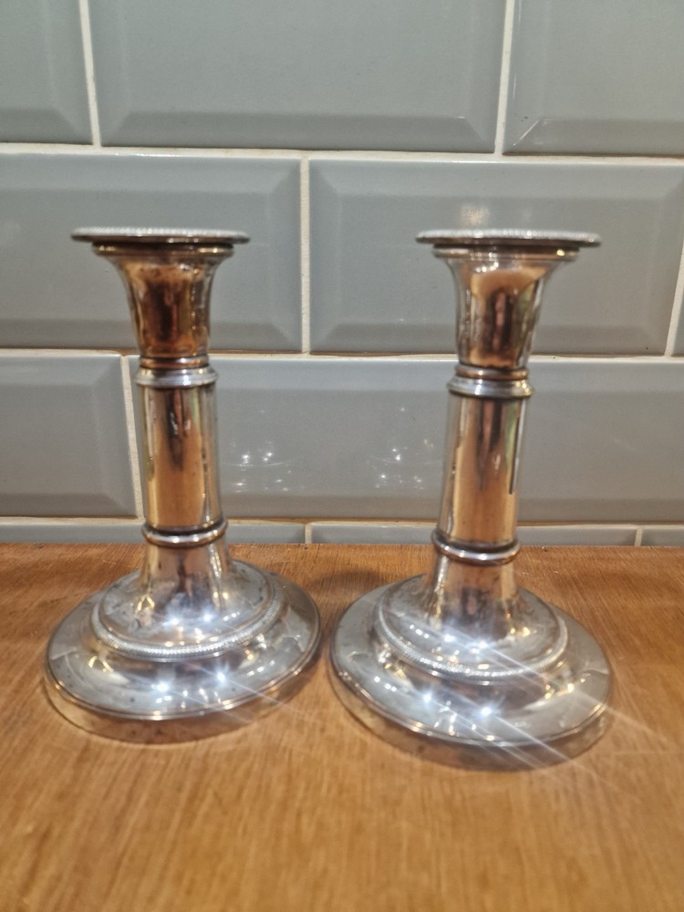 Pair Antique Silver Plated Neoclassical Candlesticks