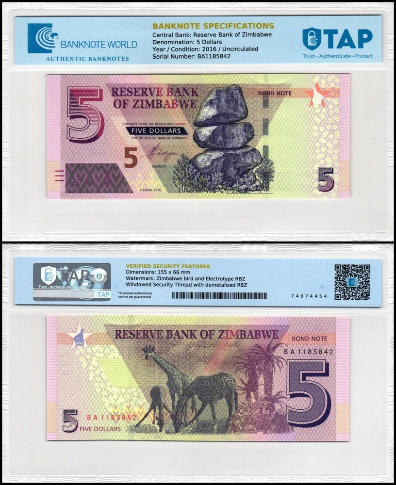Zimbabwe 5 Dollars, 2016, P-100a.2, UNC, TAP Authenticated