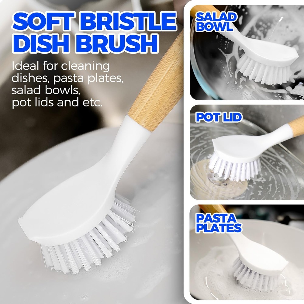 Holikme 3 Pack Dish Brush Set with Bamboo Handle, Kitchen Brushes for White