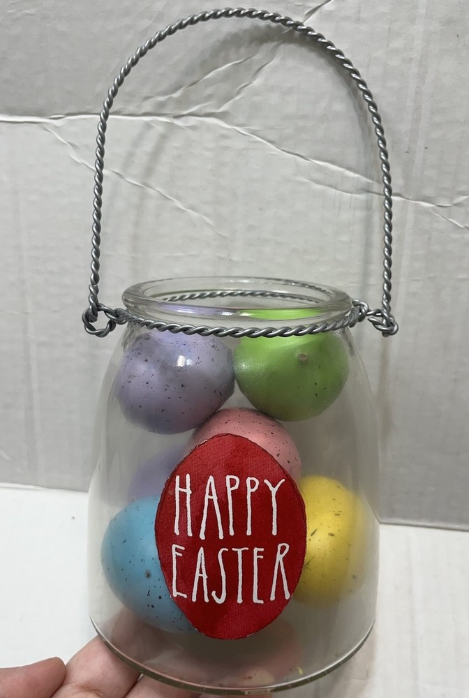 Rae Dunn colorful Easter Eggs in Happy Easter Clear Glass Jar w/Handle EUC