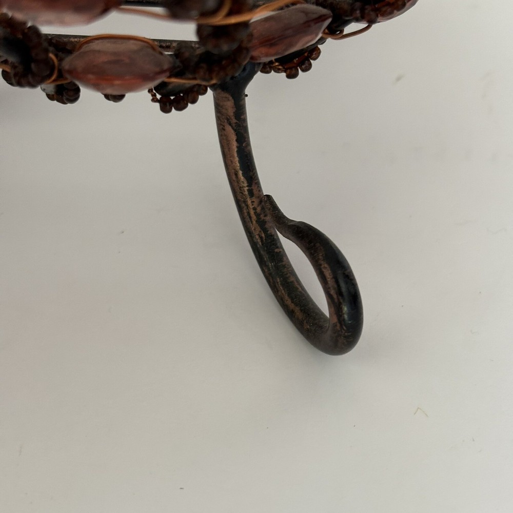 Metal Wire Beaded Basket Bowl Amber Beads Fall