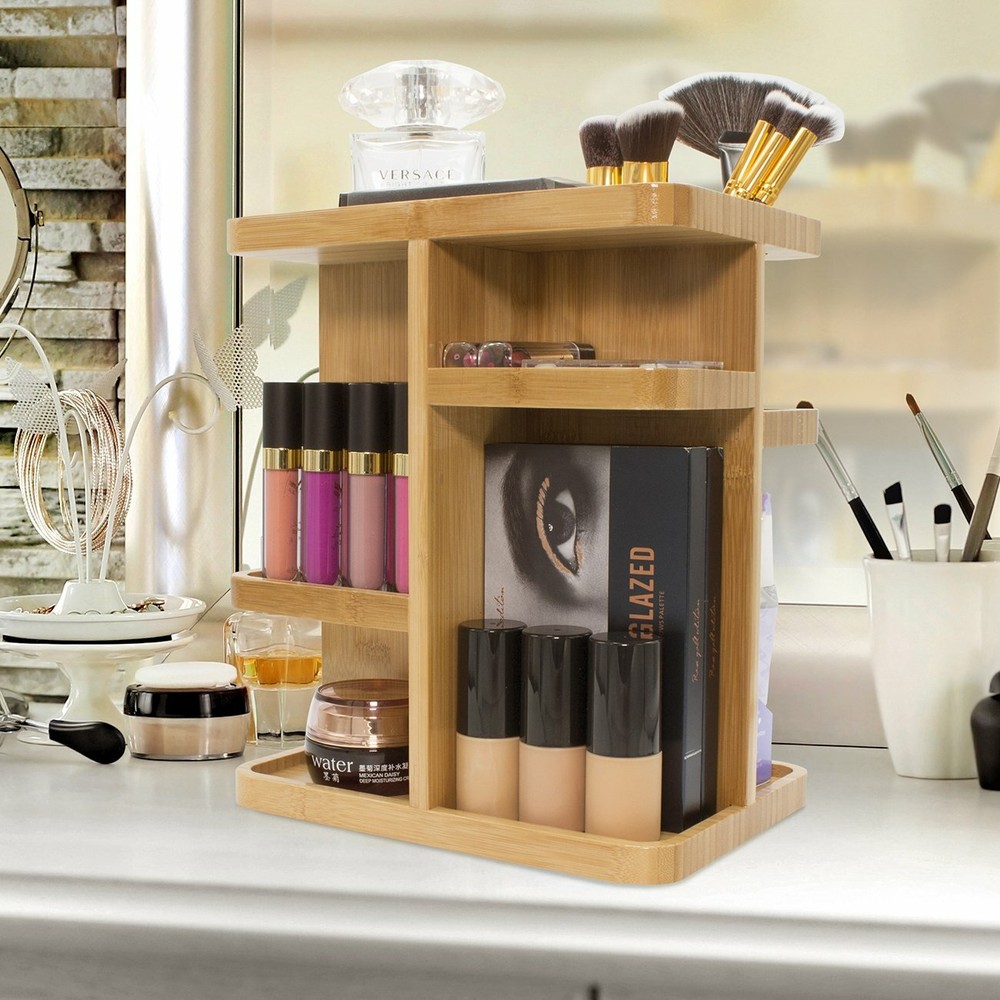 360° Bamboo Makeup Organizer, Multi-Function Storage Carousel for Cosmetics