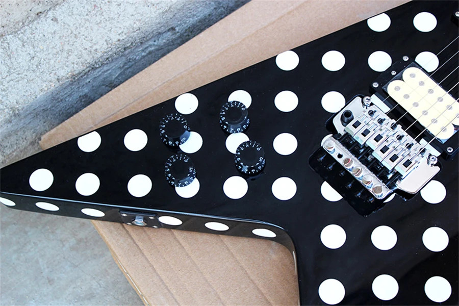 V Shape Black Body Electric Guitar with White Dots Pattern,Chrome Hardware