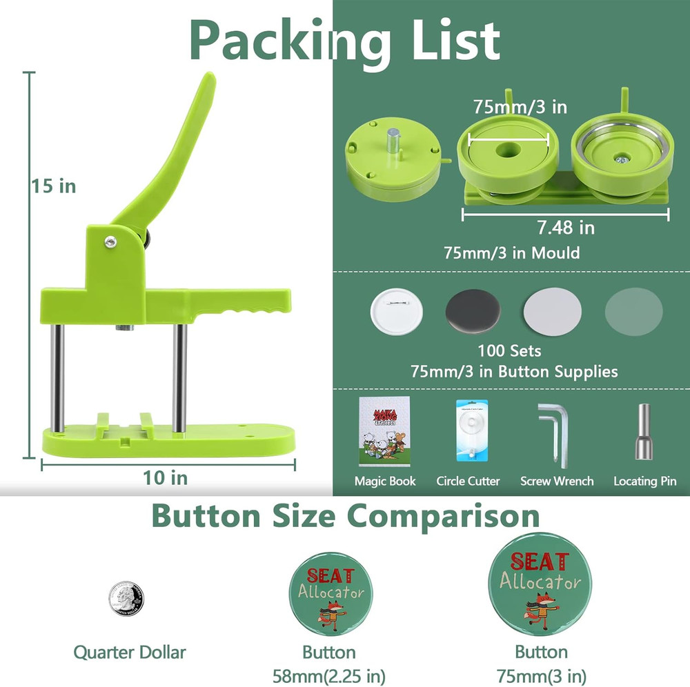 Button Maker Machine, 75Mm(3 Inch) DIY Pin Button Maker Press Machine Kit, Badge
