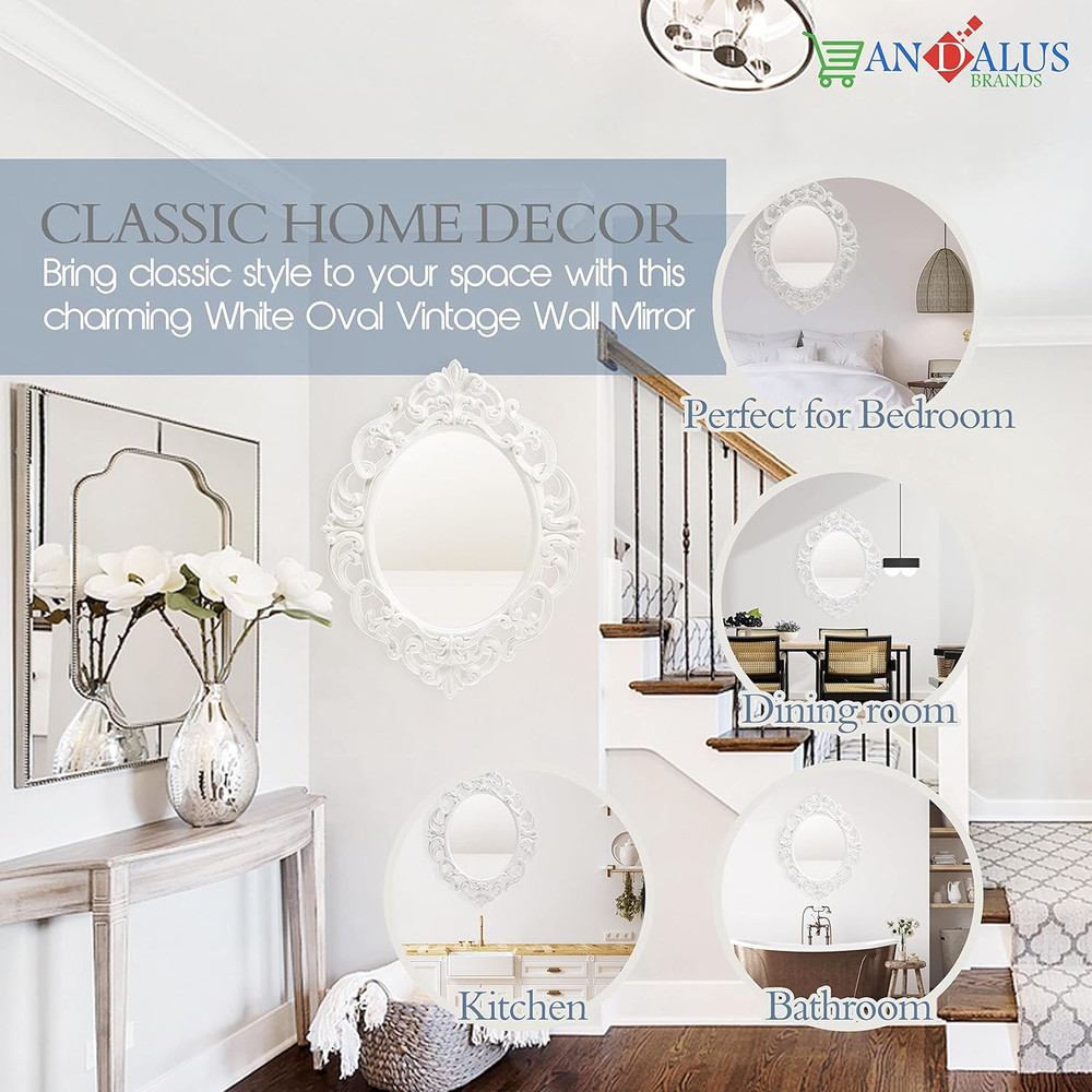 ANDALUS Small White Oval Vintage Mirror with Convenient Sawtooth Hook on Back -