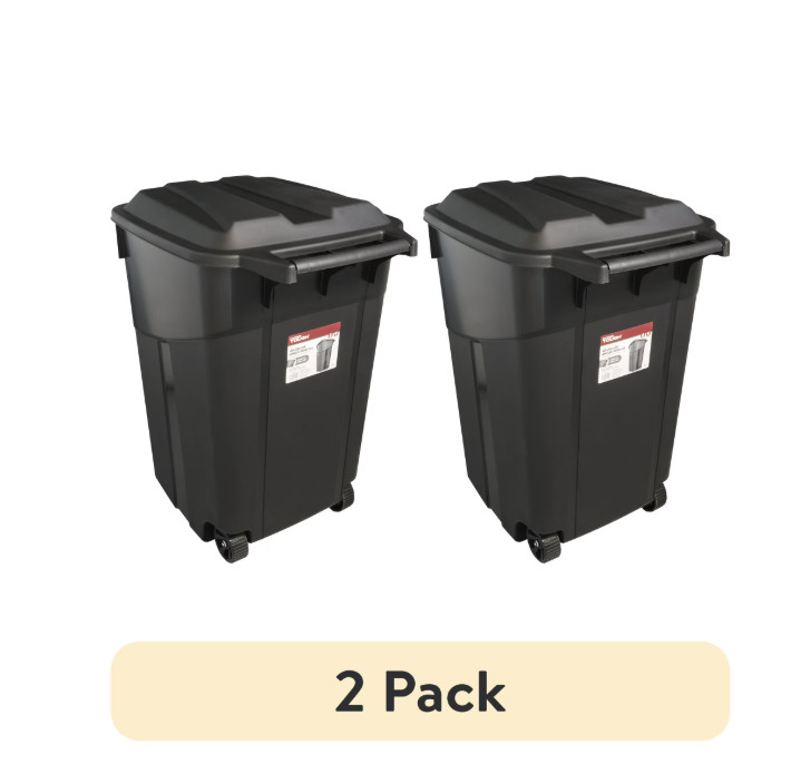 2 Pack,Hyper Tough 45 Gal Wheeled Heavy Duty Plastic Garbage Can, Attached Lid