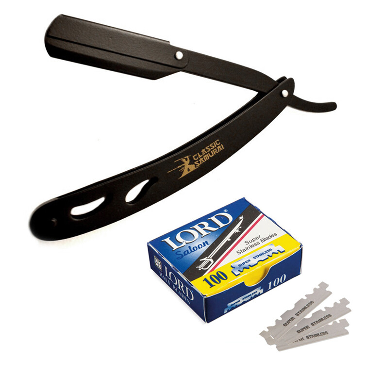 Classic Samurai Matte Black Folding Straight Razor + 100 Lord Single Blades