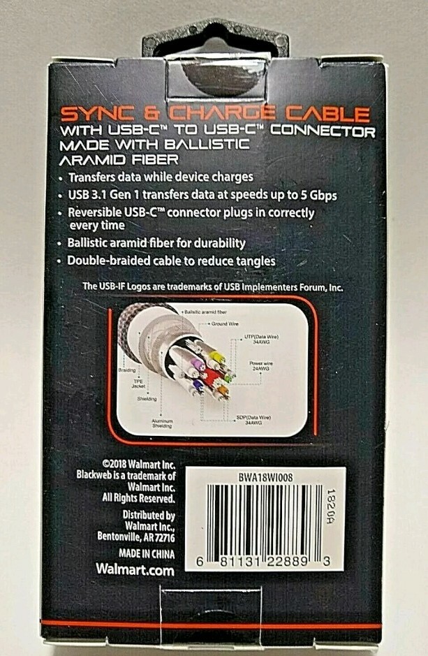 BLACKWEB Sync & Charge Cable USB-C TO USB-C 3ft BLACK