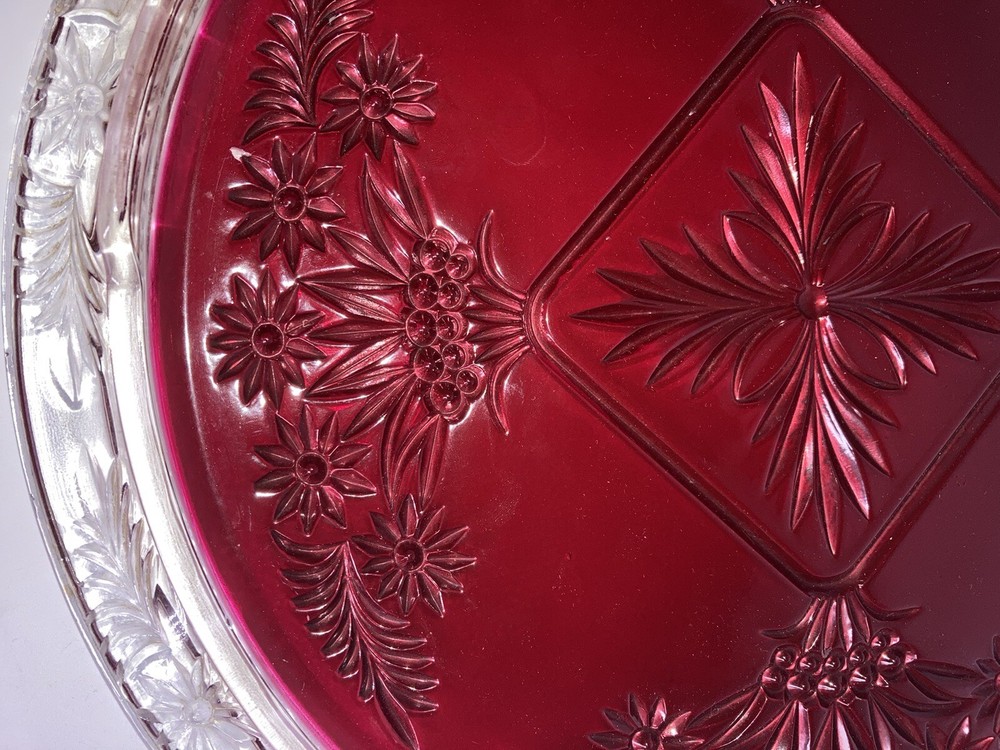 Vintage Mercury Silver Ruby Red Platter Stand Goofus Glass Beautiful