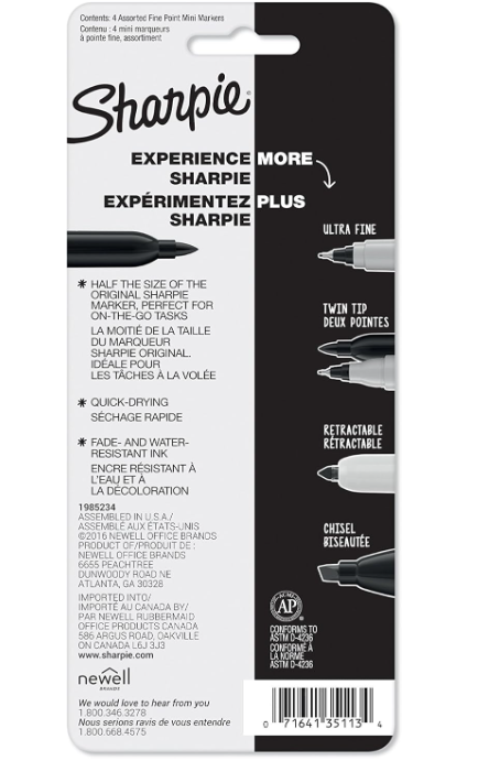SHARPIE Mini Permanent Markers Fine Point Assorted Colors 4 Count