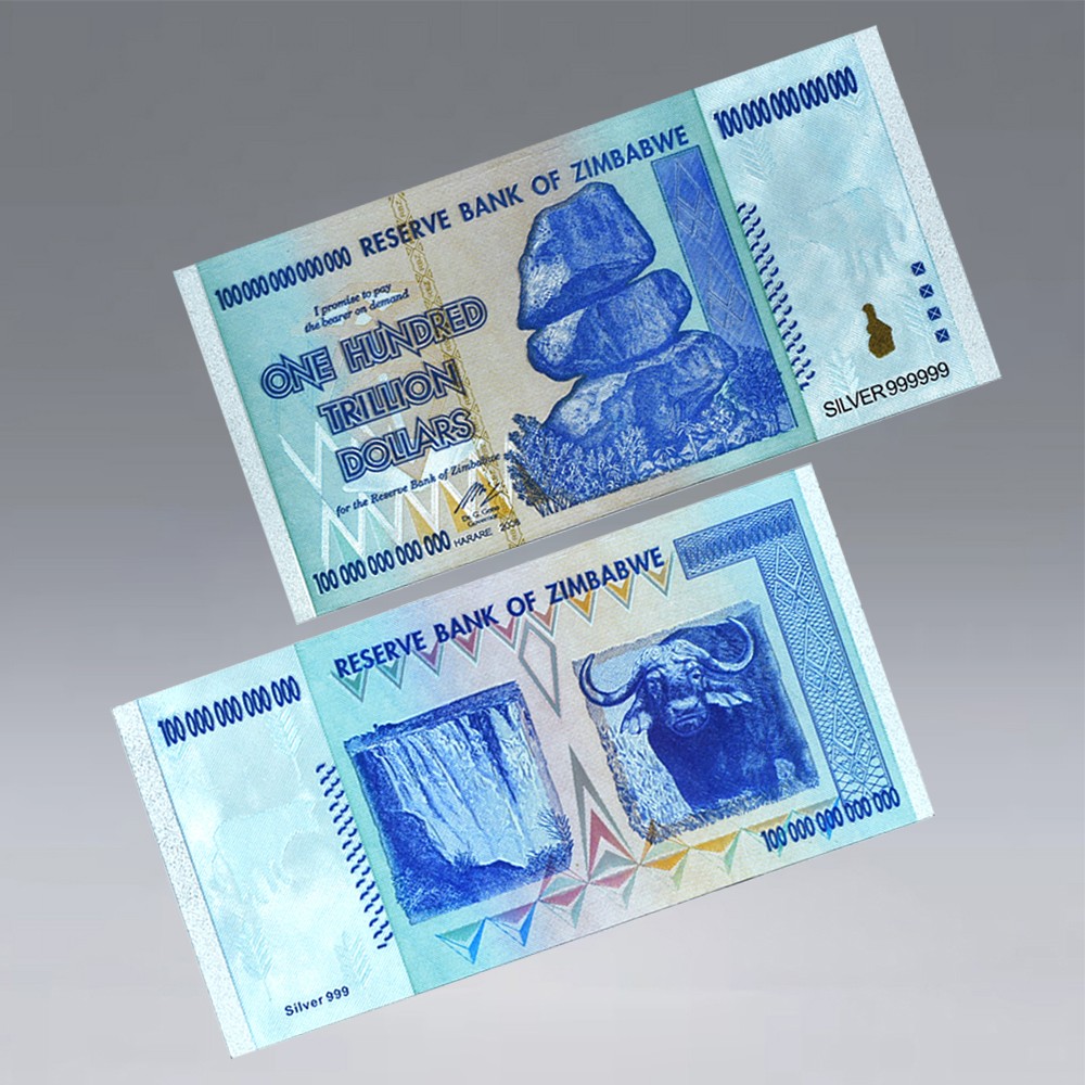 100PCS/box Zimbabwe 100Trillion Silver Foil Banknotes with Fluorescent Effect