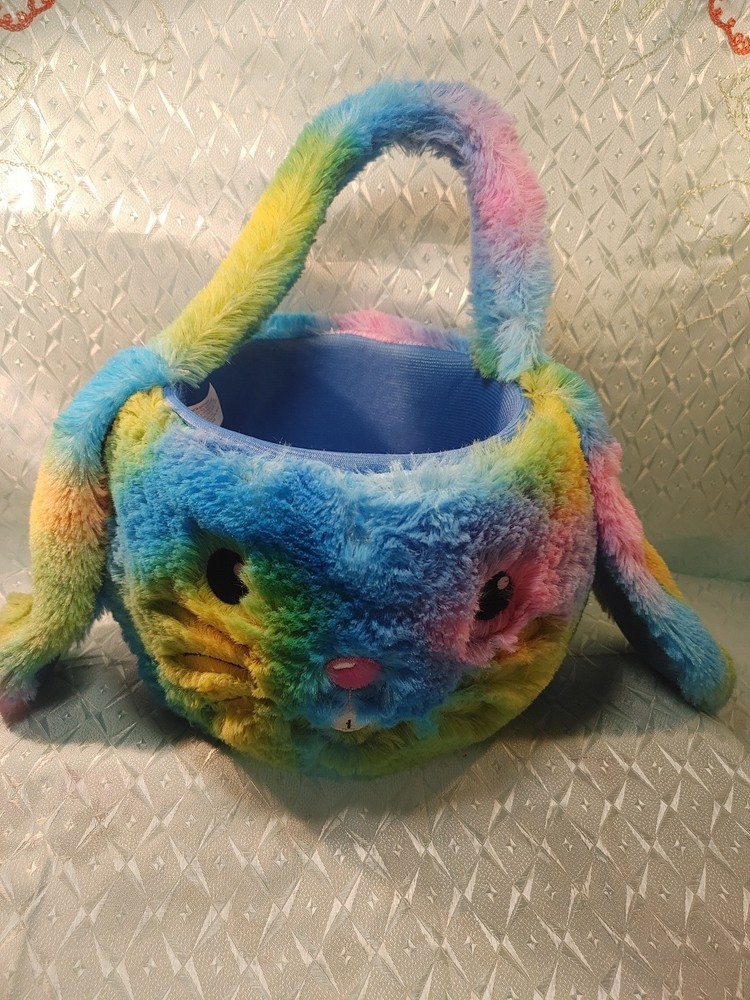 Plush Multicolored Rainbow Bunny Easter Basket With Handle ADORABLE!