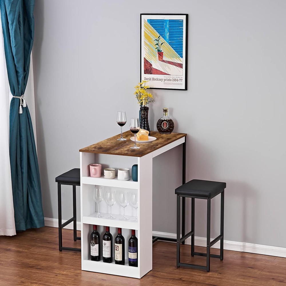 3 Piece Dining Table Set Kitchen Bar Table with Two Stool Storage Shelves Woo...