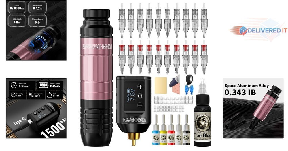Wireless Tattoo Machine Kit Complete Practice Set Rechargeable LED Display