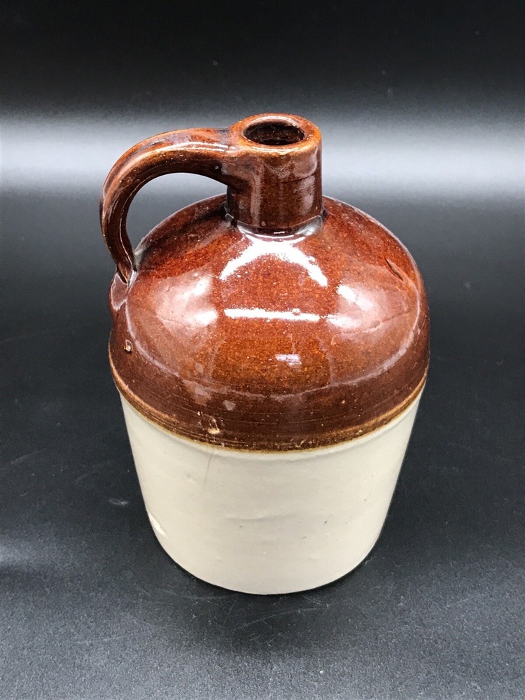 Vintage Rustic Pottery Clay  Jug Glazed Applied Handle Brown Tan 5.5”