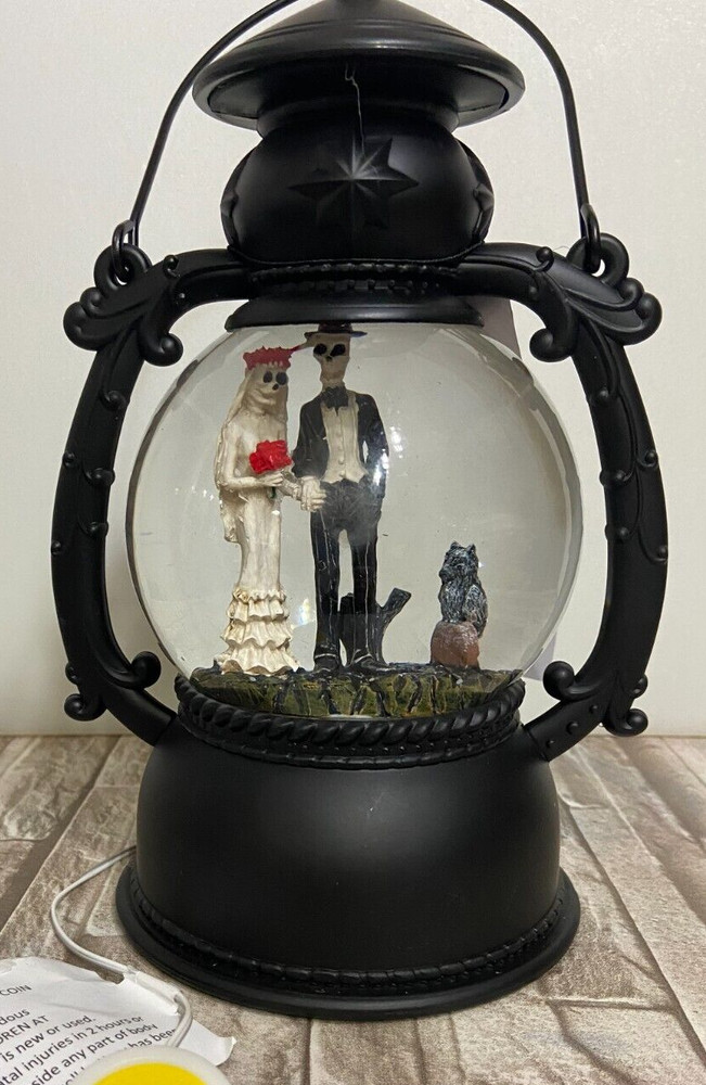 Halloween SKELETON BRIDE GROOM LIGHTED SPINNING SNOW Globe AA Batteries LANTERN