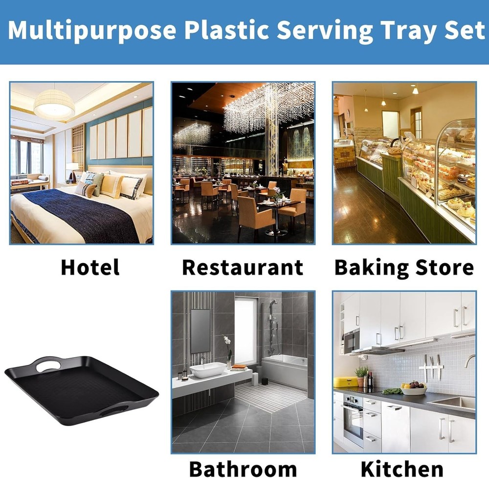 Plastic Tray with Handles, 2 Pack Multi-Purpose Rectangular Non Slip Restaura...