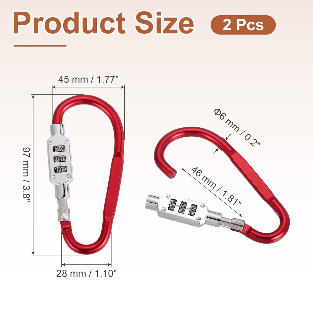 2 Pcs 3.8" x 1.8" D-Shaped 3-Digit Code Combination Lock D-Ring Clip, Red