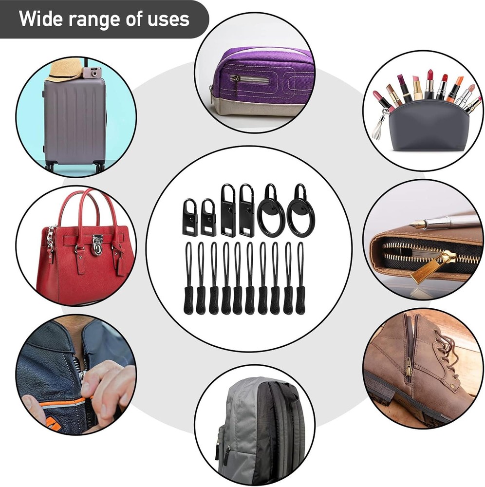 16 PCS Zipper Pull Tab Replacement Metal Handle Fixer，Zipper Tag Cord black