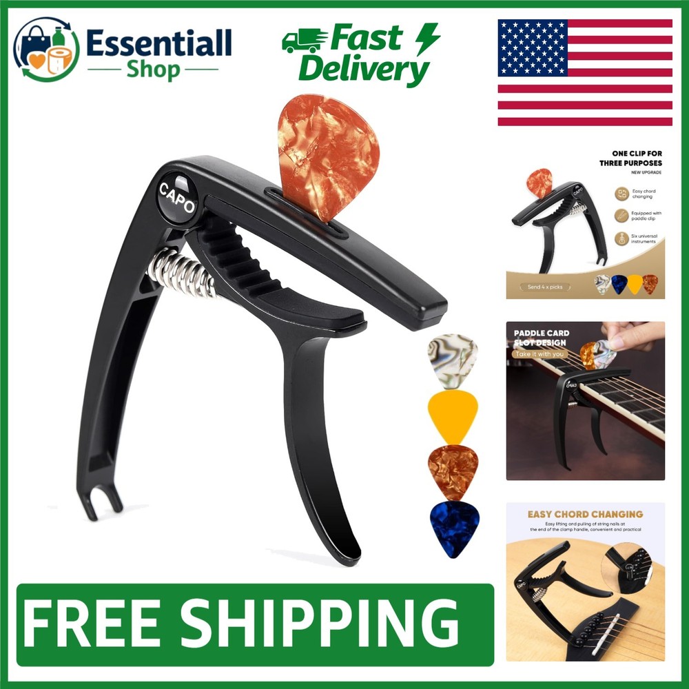Precision Guitar Capo for 6-String and Multi-Instrument - Includes 4 Picks