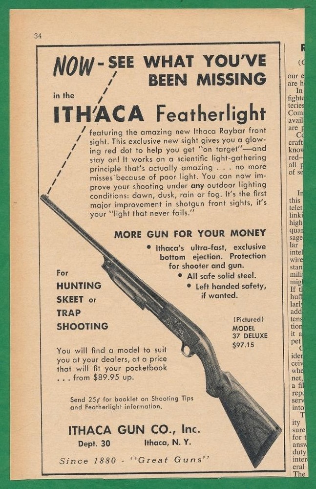 Magazine Ad - 1956 - Ithaca Gun Co. - Featherlight Model 37