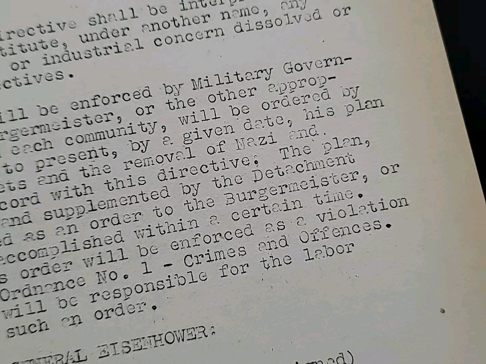 1945 Germany WWII US Army War Military Document Denazification Demilitarization