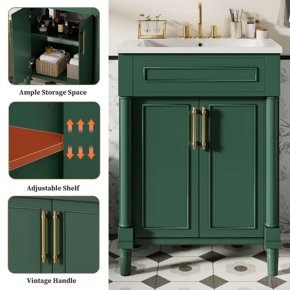 24 in Small Bathroom Vanity w/ Ceramic Sink & 2 Doors, Solid Wood&MDF, Green